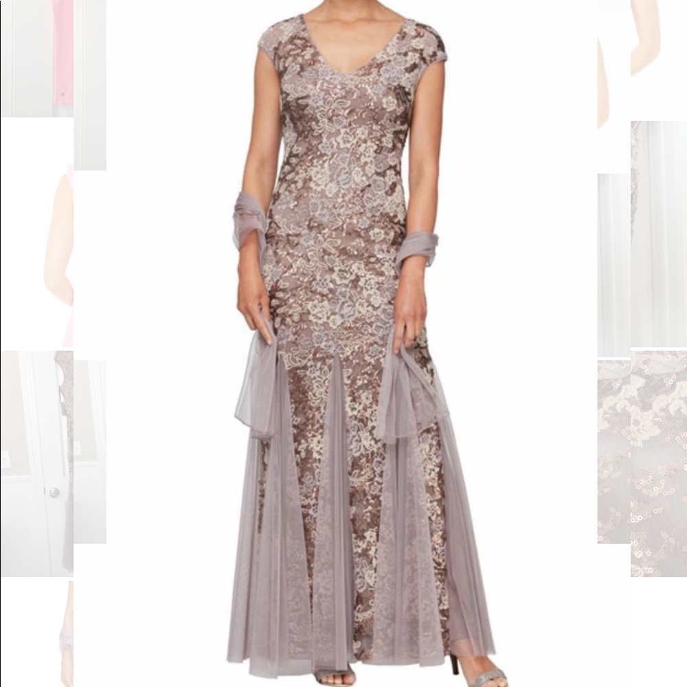 NWT Size 12 Alex Evenings Sequin Embroidered Trumpet Gown